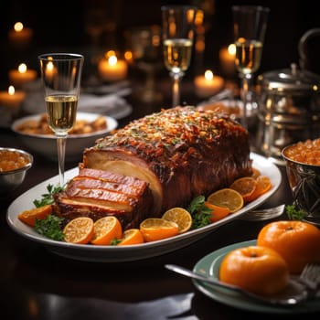 roll baked on the grill with vegetables and herbs on a platter. festive table setting against the backdrop of illumination.