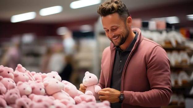 smiling happy young man holding toy soft bear in toy store.