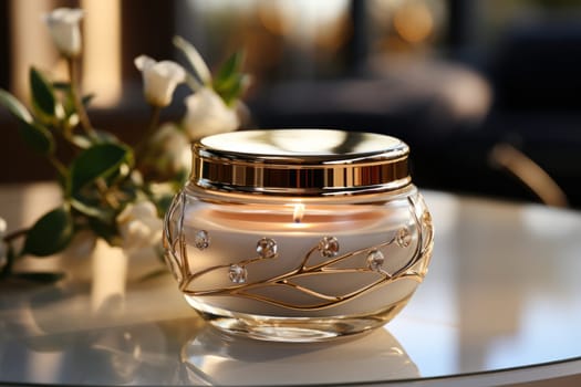 Cosmetic crystal bottle inlaid with gold of a luxury product with white fresh flowers. product presentation, demonstration of cosmetic products. Modern stylish luxury bottle