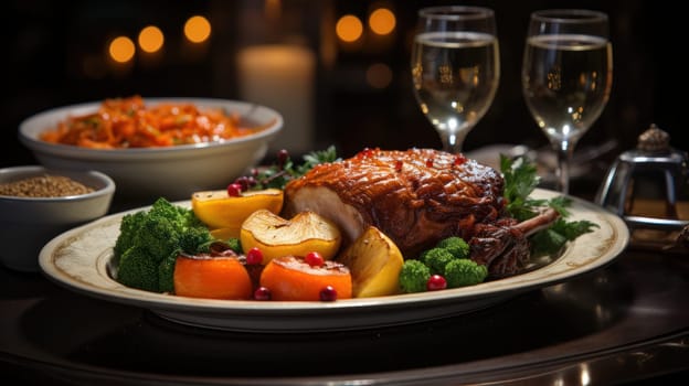 roll baked on the grill with vegetables and herbs on a platter. festive table setting against the backdrop of illumination.