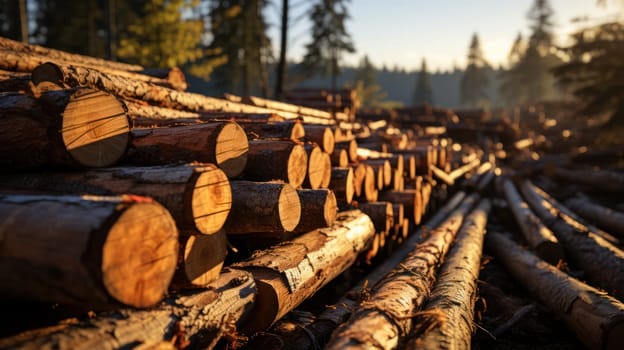 felled tree trunks in the forest. illegal or preventive logging