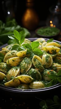 shell pasta fried with spinach and seasoned with basil and garlic .