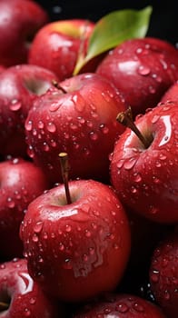 Red apples with water drops closeup.food background .