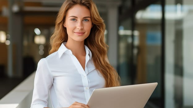 Photo of a young smiling business woman in a light jacket with a computer in her hands against the background of a blurred image of the office