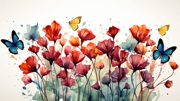 summer background of flowers with butterflies on a white background. watercolor landscape, fine art, field of flowers, panorama.