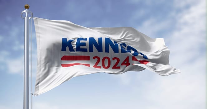 San Diego., US, april 2 2023: Kennedy 2024 presidential campaign flag waving on a clear day. Democratic party primaries. Illustrative editorial 3d illustration render