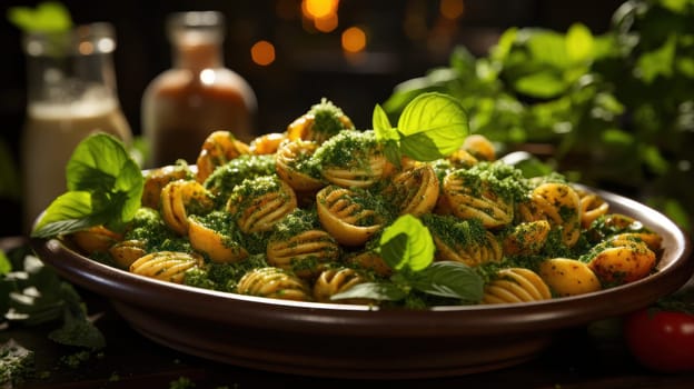 shell pasta fried with spinach and seasoned with basil and garlic .