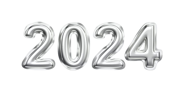Happy New Year 2024. Concept image with silver balloons, front view.
