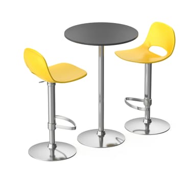 Bar table and yellow stools on white background