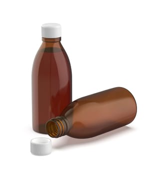 Two amber glass medical bottles on white backround