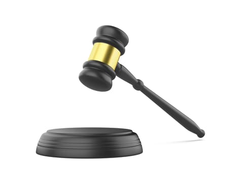 Black gavel and round sound block on white background