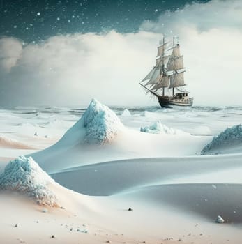 Sailing ship in the winter snowy sea. Generative AI drawing