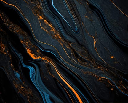 Abstract black blue orange grunge marble texture background. Generative AI design