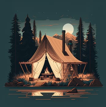 Tent hut and forest abstract flat background. Generative AI illustration