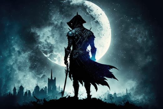 Assassin on full moon background. Generative AI illustration