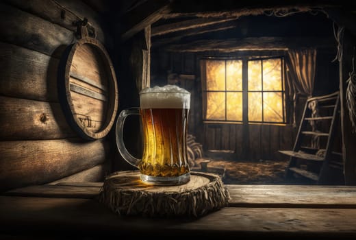 Mug of beer in the forest house. Generative AI design