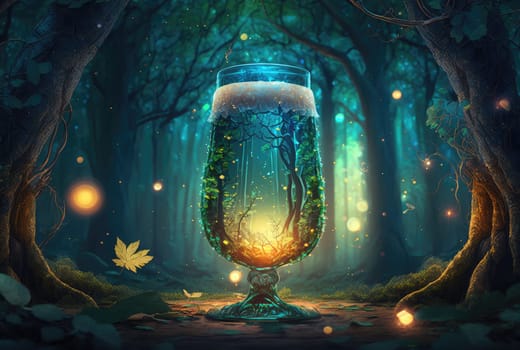Glass of beer in magical forest landscape. Generative AI design