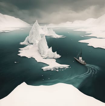 Ship in the winter snowy sea. Generative AI design