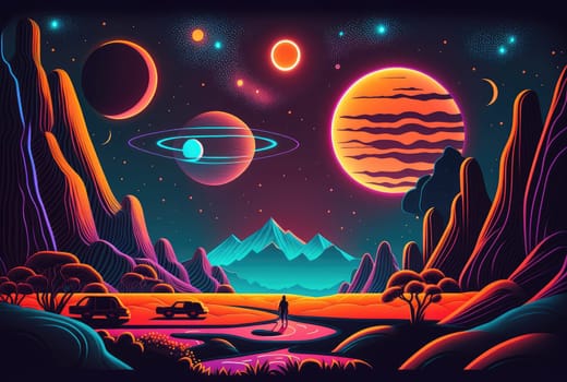 Retro neon landscape. Generative AI illustration