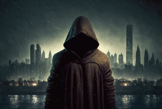 Hooded figure on rainy city landscape. Generative AI design
