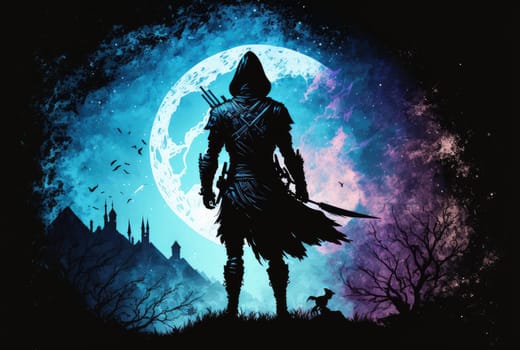 Assassin on full moon background. Generative AI illustration