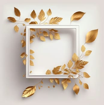 White square frame with golden leaves. Generative AI design