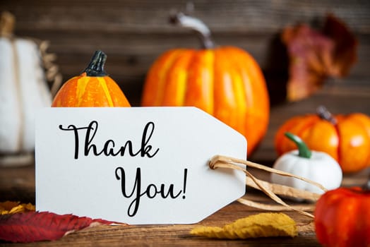 Autumn Decoration With Orange Pumpkins, Rustic fall Decoration With Label Text Thank You
