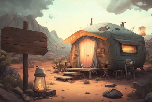 Camp tent outdoors. Generative AI illustration