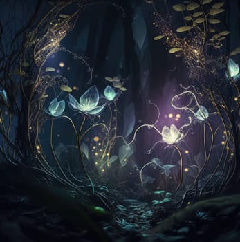 Shiny glowing magical forest landscape. Generative AI design