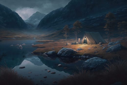 Night mountain landscape with illuminated tent. Generative AI design
