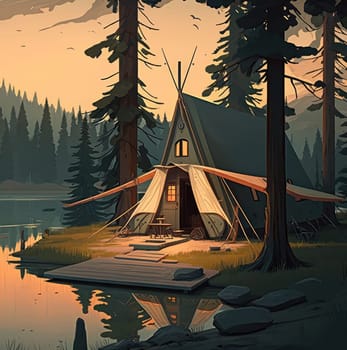 Tent in forest landscape. Generative AI illustration