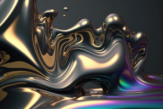 Holographic liquid metallic waves abstract background. Generative AI design