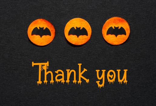 Black Halloween Background With Three Orange Dots With Bats And Text Thank You