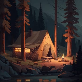Tent in night forest landscape with campfire. Generative AI illustration