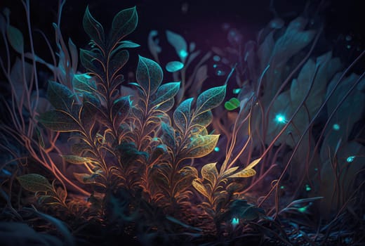 Shiny glowing magical grass and leaves close-up. Generative AI design
