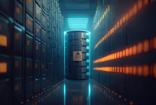 Hi-tech data storage server hallway, cloud computing design. Generative AI technology