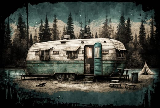Old grunge design of camping van in the forest. Generative AI design
