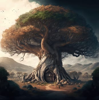 House in big tree. Generative AI design