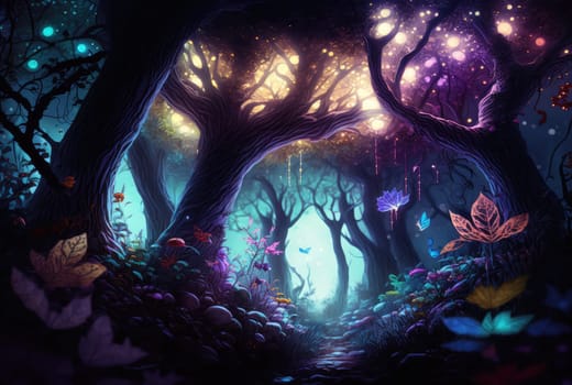 Shiny glowing magical forest. Generative AI design