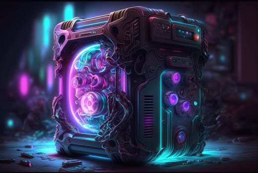 Fantasy neon computer system unit. Generative AI design