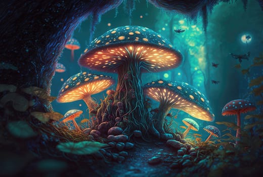 Shiny glowing magical mushrooms. Generative AI design