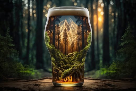 Glass of beer in forest landscape. Generative AI design