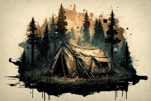 Tent in forest landscape, grunge style. Generative AI illustration
