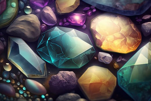 Cartoon crystal gemstones. Generative AI drawing