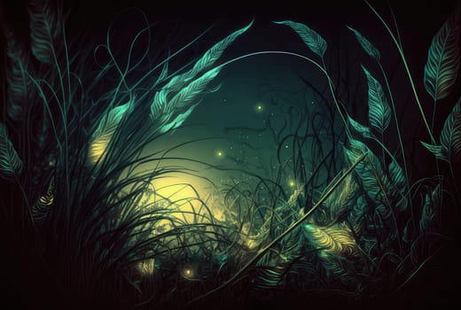 Shiny glowing magical grass and leaves close-up. Generative AI design