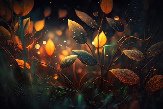Shiny glowing magical grass and leaves close-up. Generative AI design