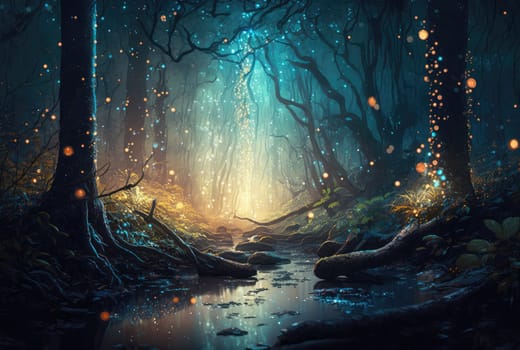 Shiny glowing magical forest. Generative AI design