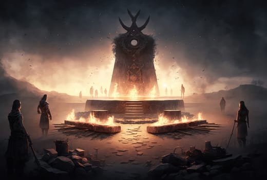 Pagan temple with fire. Generative AI design
