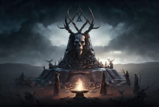 Pagan temple with a skull. Generative AI design