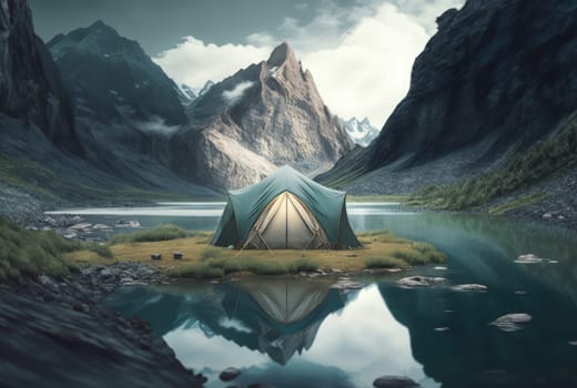 Mountain landscape with camp tent. Generative AI design